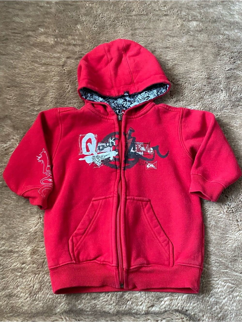 Quiksilver Red Hooded Zip Sweatshirt with Graphic Print